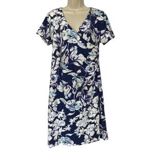 Soft Surroundings Dress Petite Medium PM Blue Floral Faux Wrap Shapely Anywhere